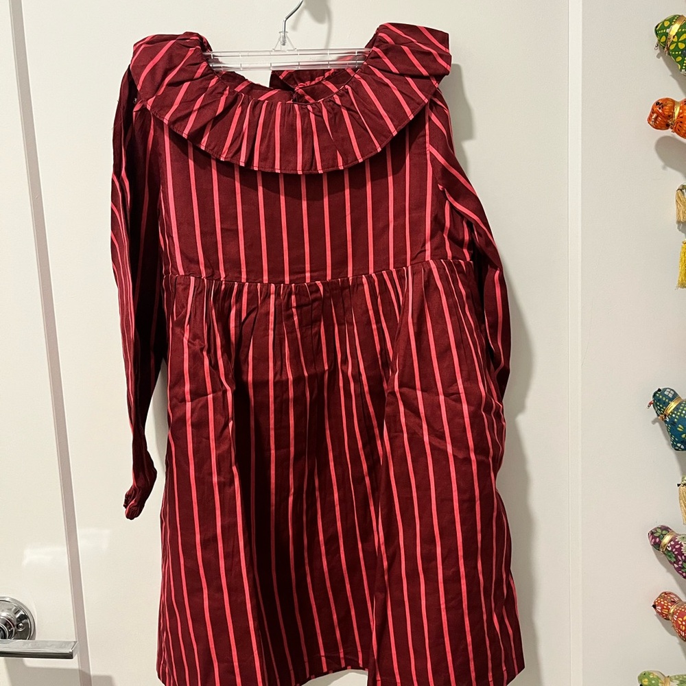 Hanna Andersson Burgundy and Pink Striped Twill Dress, NWT, Sz 6-7